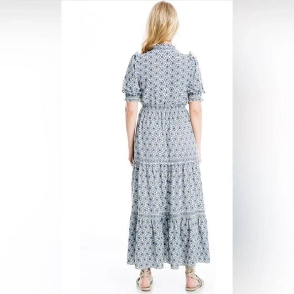 Max Studio Dress L VNeck Elbow Sleeve Boho Floral Print Tiered Maxi Flowy Casual - Picture 5 of 5